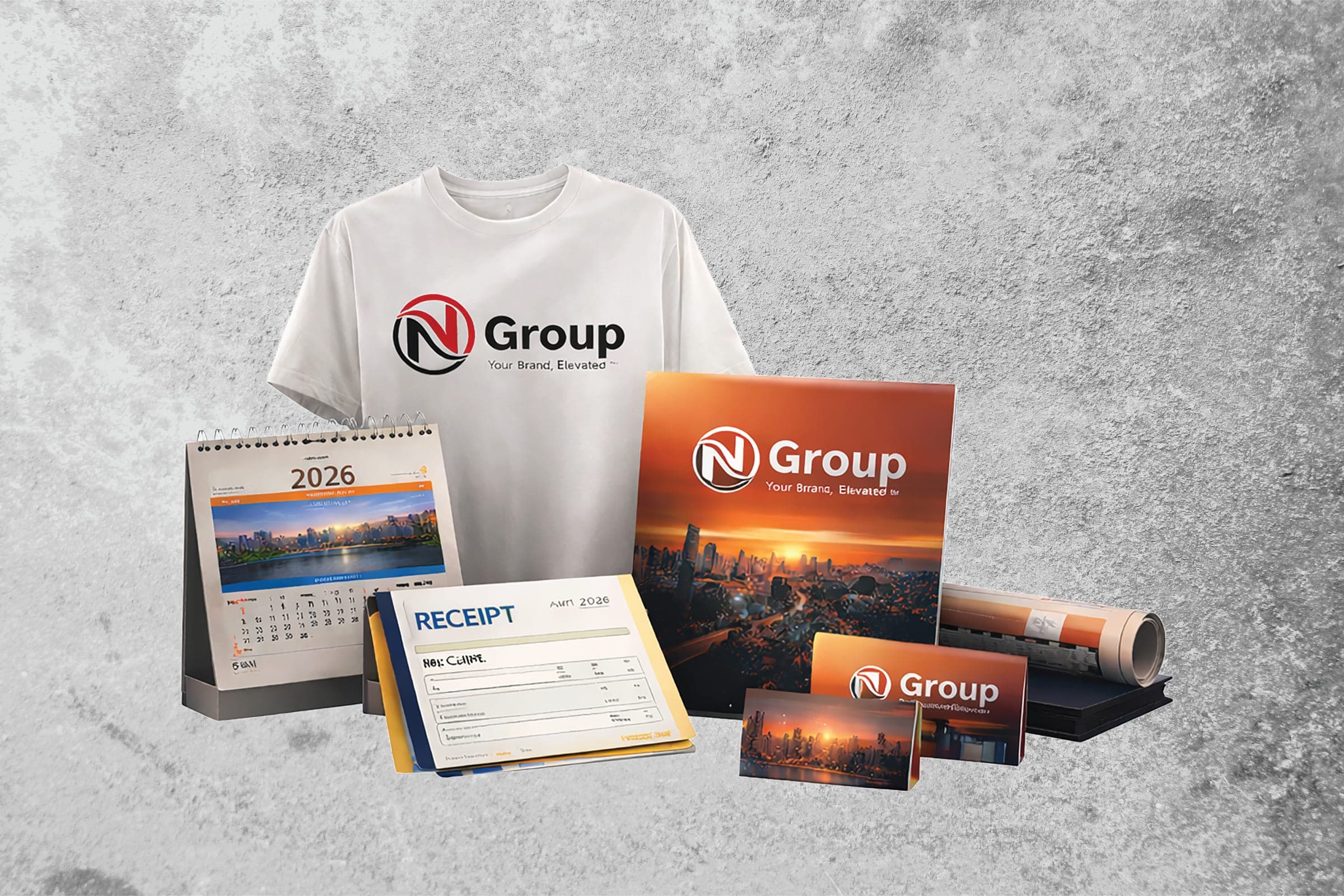 A branded t-shirt, desk calendar, receipt book, folder and cards for Noorcom Group