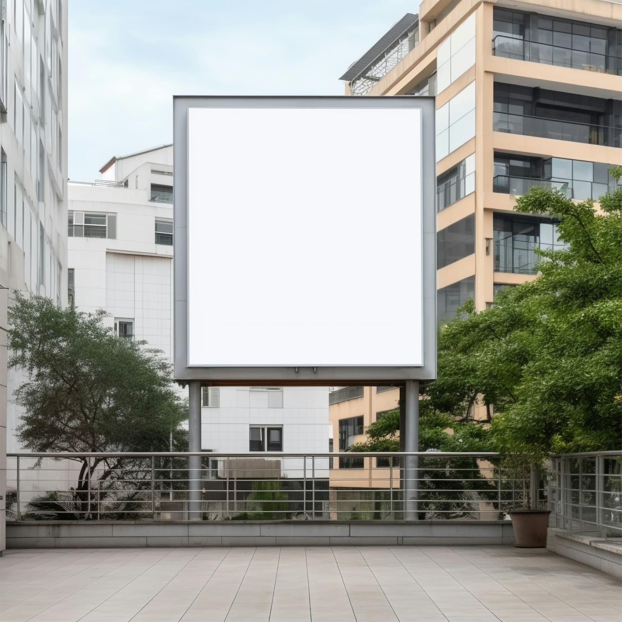 A billboard on a city terrace between buildings