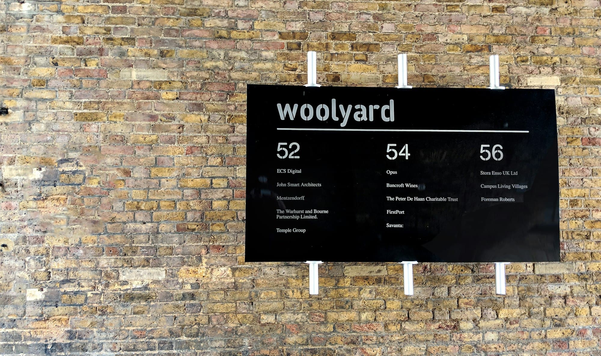 A black directory sign on a brick wall