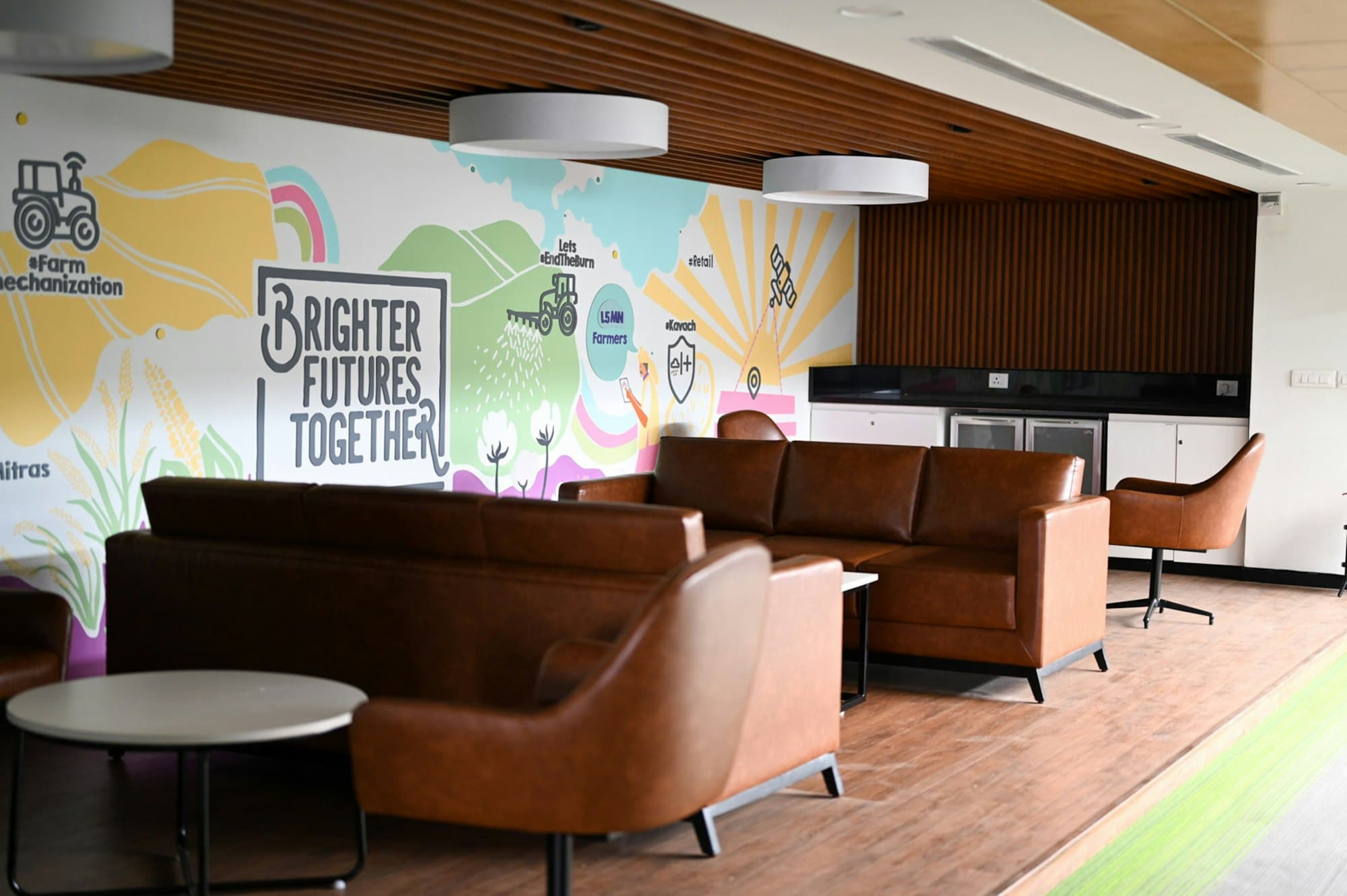 An office lounge with a large illustrated wall mural