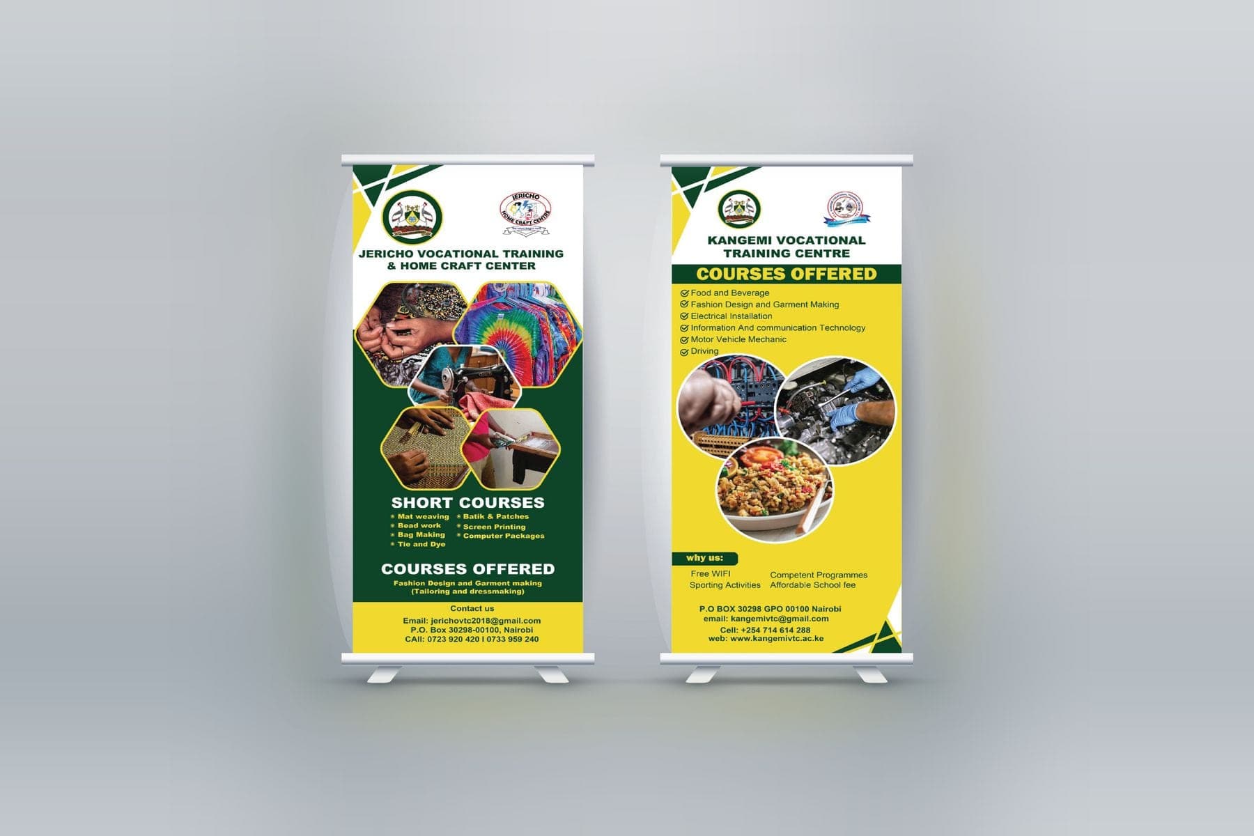 Roll-up banners for Jericho Vocational Training and Home Craft Centre and Kangemi Vocational Training Centre