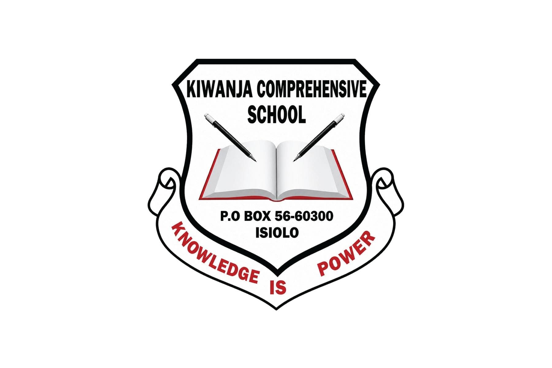 The Kiwanja Comprehensive School crest: an open book and pens in a shield