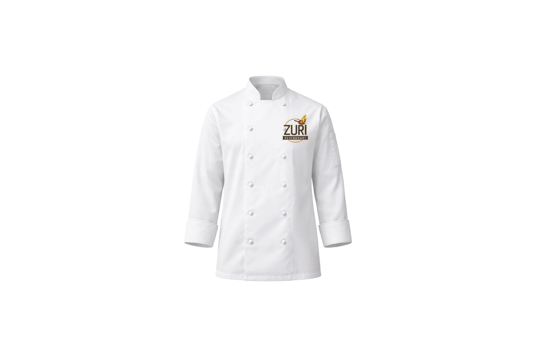 A white chef’s jacket with the Zuri logo on the chest