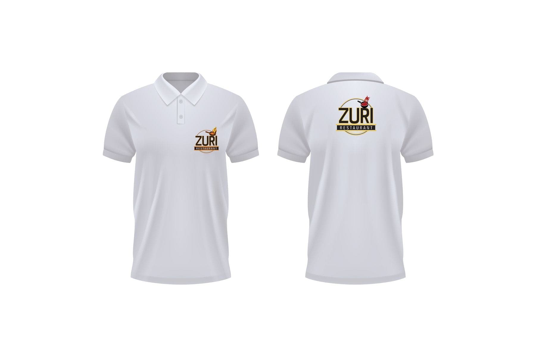 White polo shirts with the Zuri Restaurant logo on the chest and the back