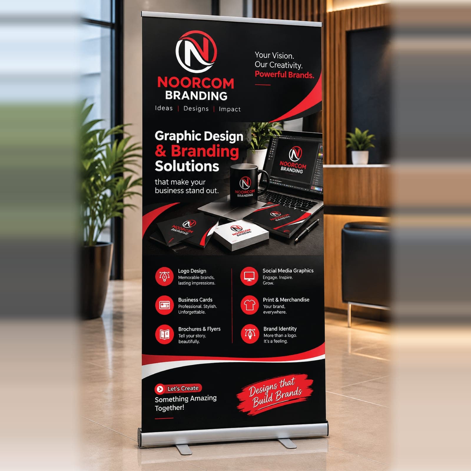 A Noorcom Branding roll-up banner standing in a reception area