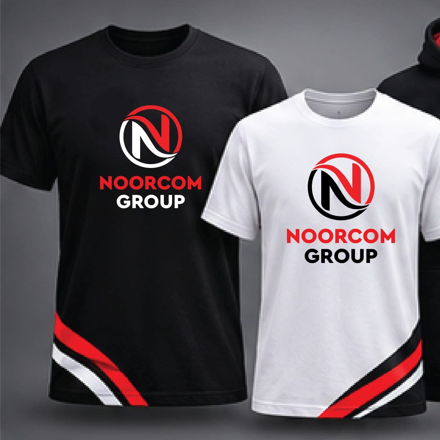 A black and a white t-shirt printed with the Noorcom Group logo
