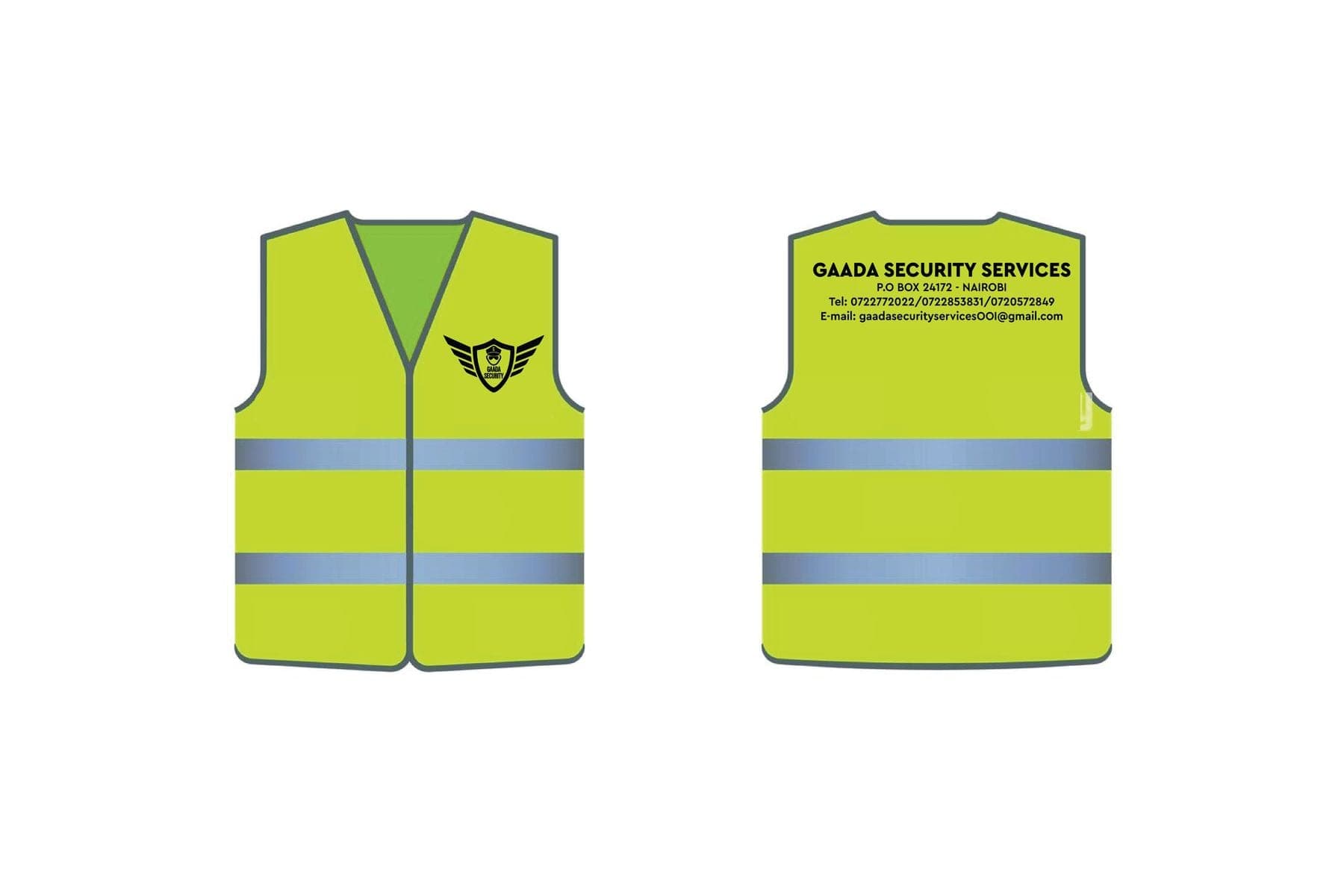 Yellow reflective vests with the Gaada Security badge on the front and contacts on the back