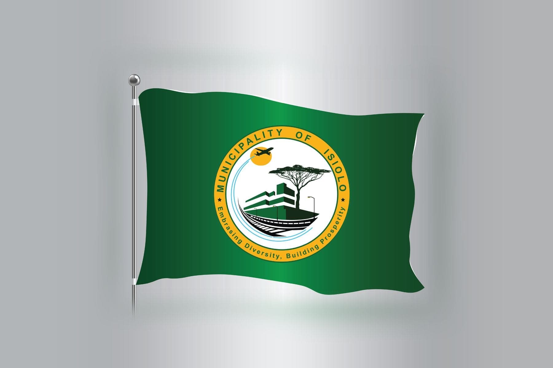 A green flag carrying the Municipality of Isiolo seal