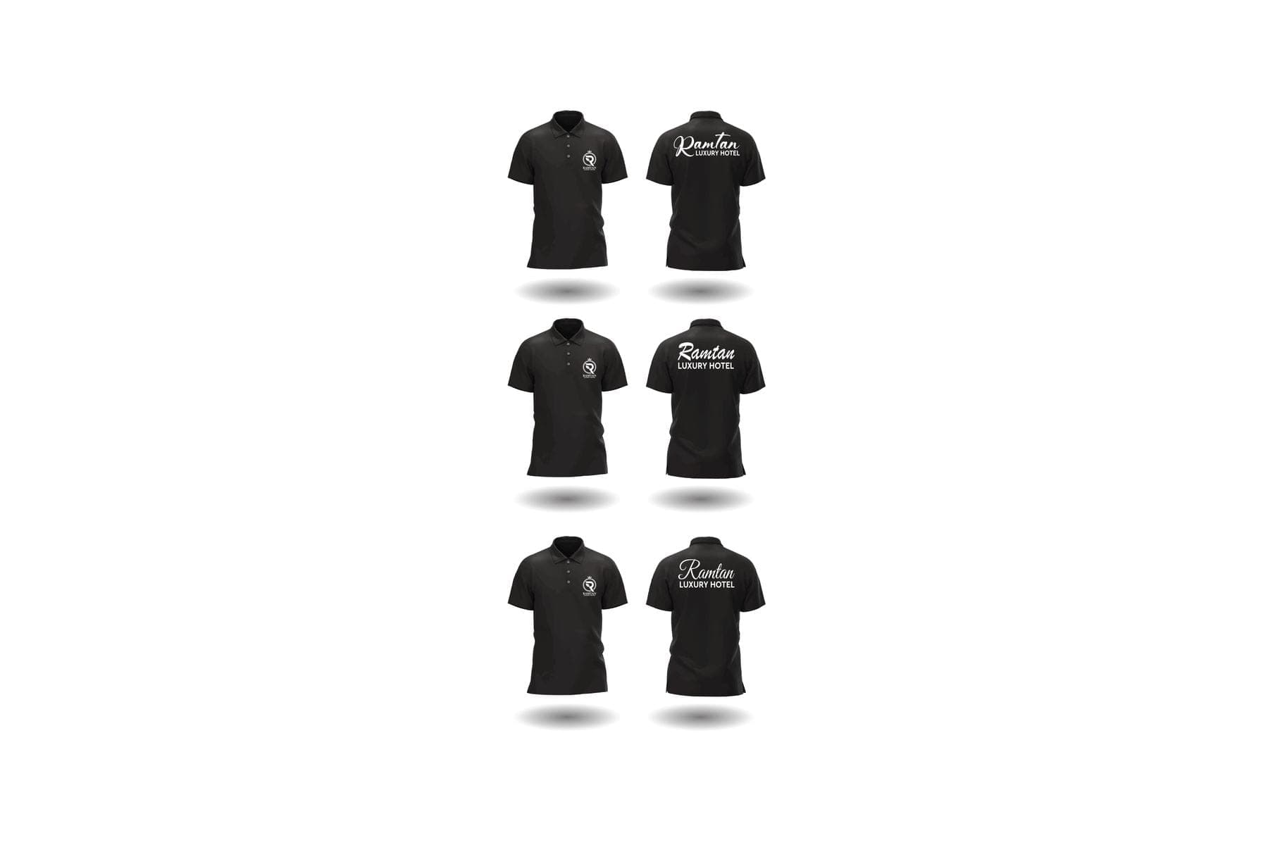 Black polo shirts, front and back, with the Ramtan Luxury Hotel name