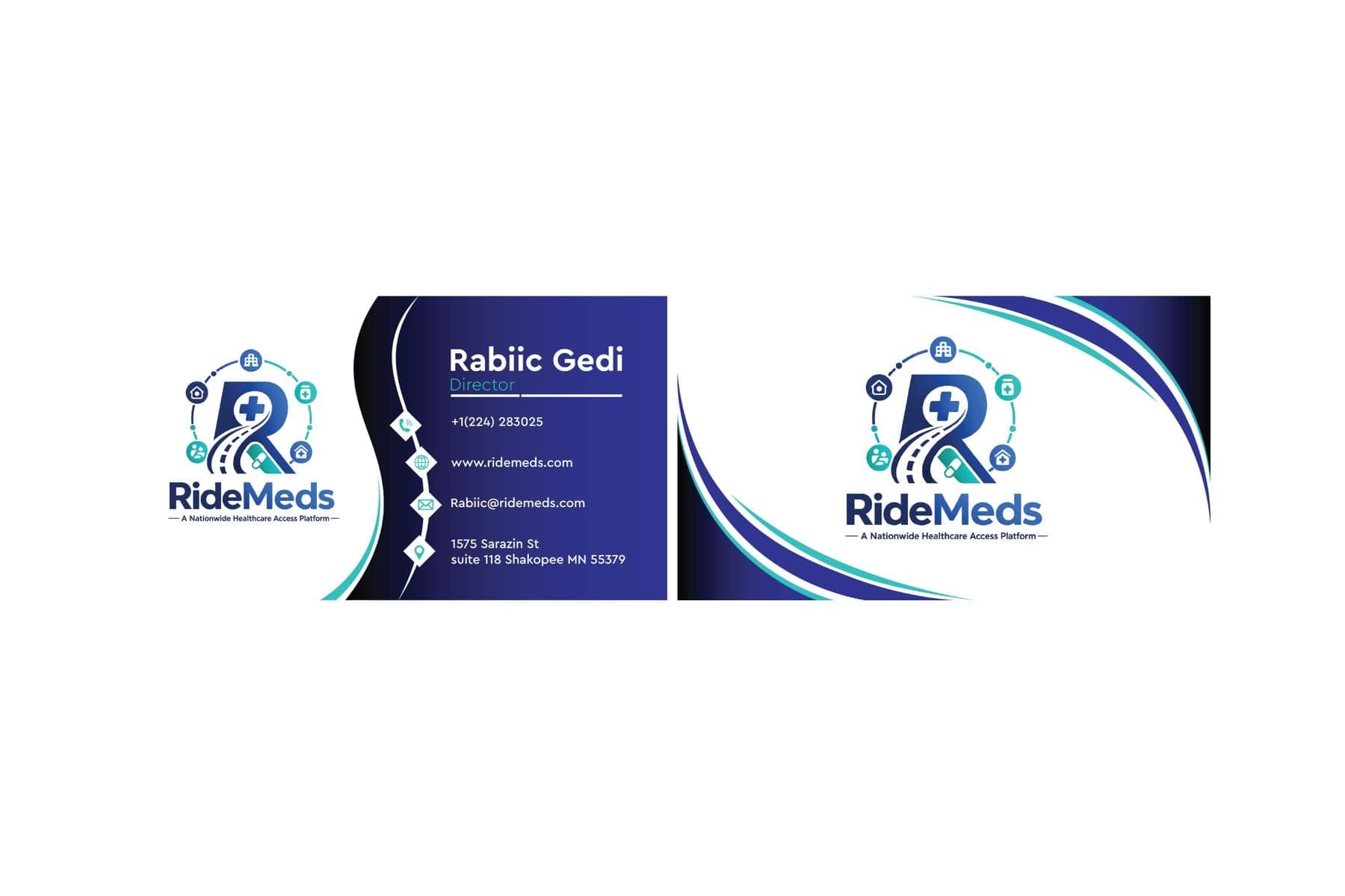 RideMeds business cards in navy blue, front and back